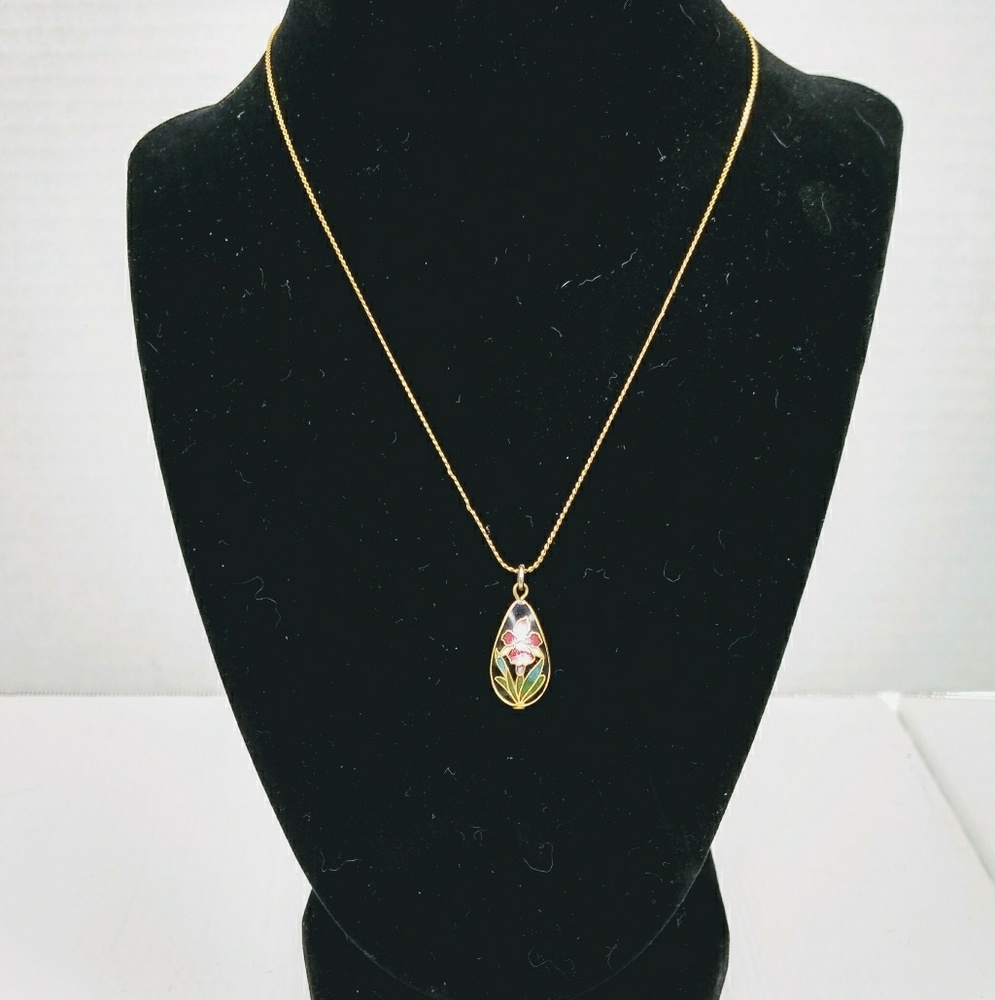 Gold tone necklace with enamel iris pendant